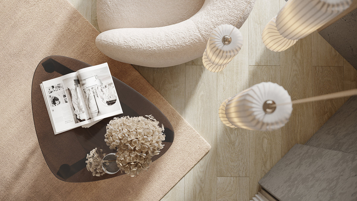 BDi Dino 1367 End Table in Natural Walnut, top view beside a lounge chair