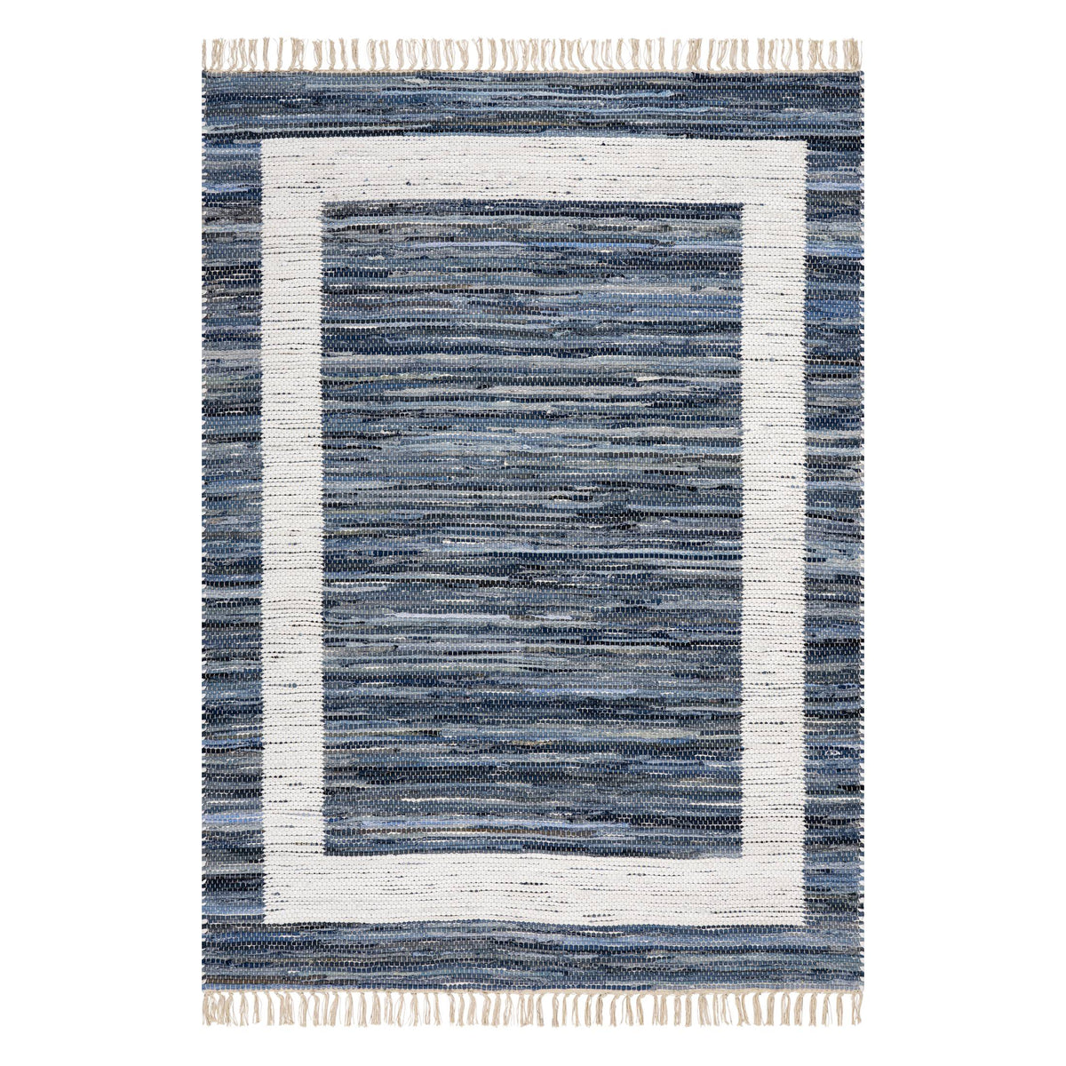 Dash & Albert Dymera Denim Bohemian Bordered Rug in Blue, on white