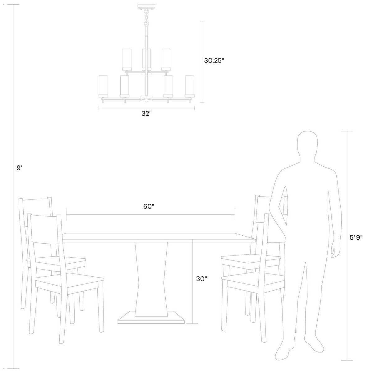 Nine Light Chandelier — 30.25", 60 W