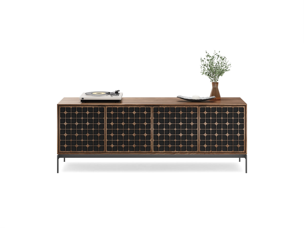 BDi Elements 8709 Media + Storage Console in Natural Walnut, front view with a turntable and decor, on white, with Constellation door fronts