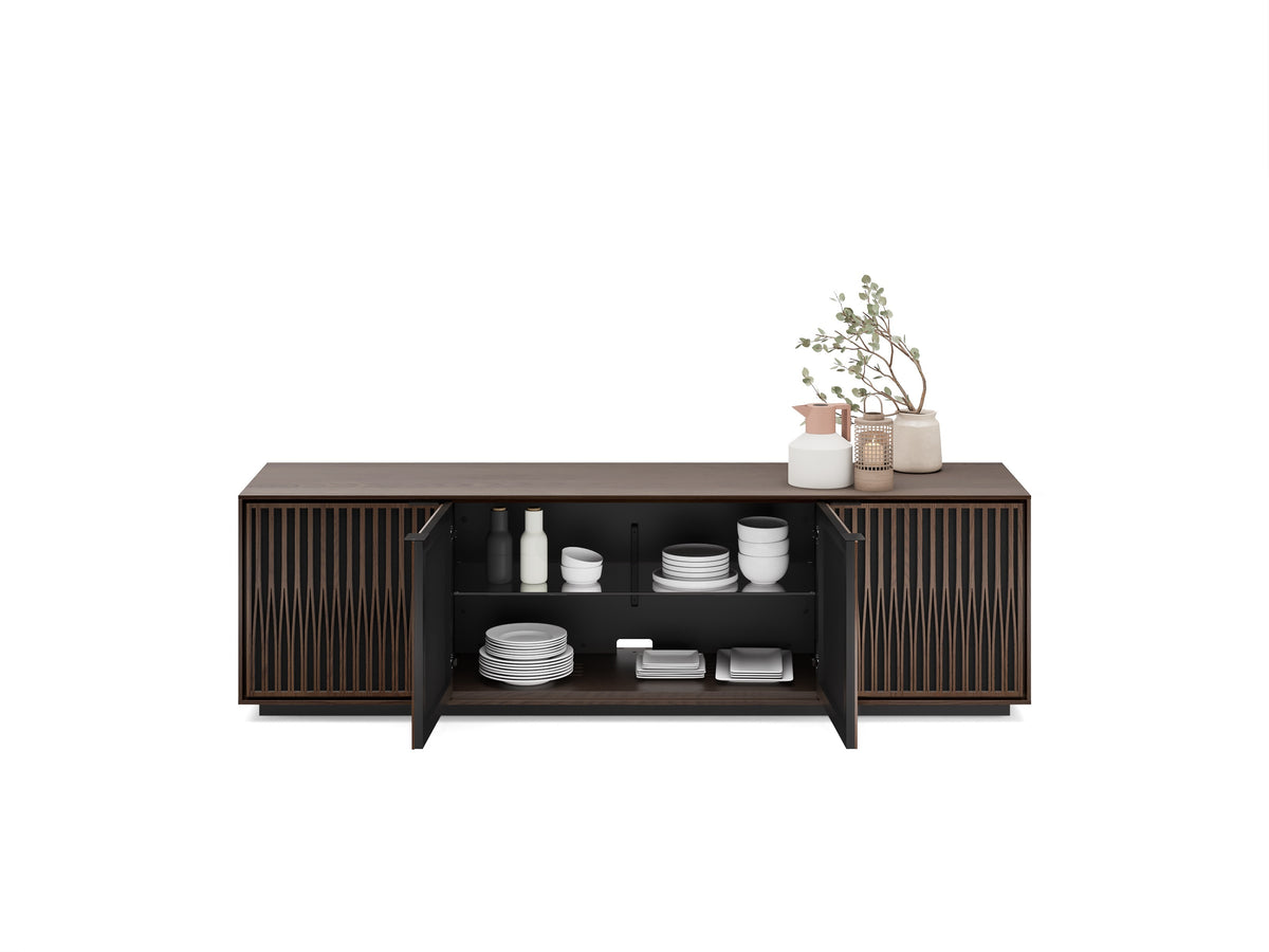 BDi Elements 8703 Media + Storage Cabinet in Toasted Oak, middle doors open with dishes, on white, with Tune door fronts