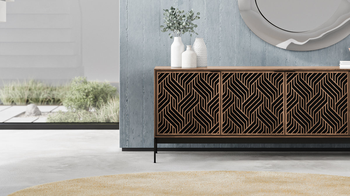 BDi Elements 8709 Media + Storage Console in Natural Walnut, under a round mirror, close view, with Weave door fronts