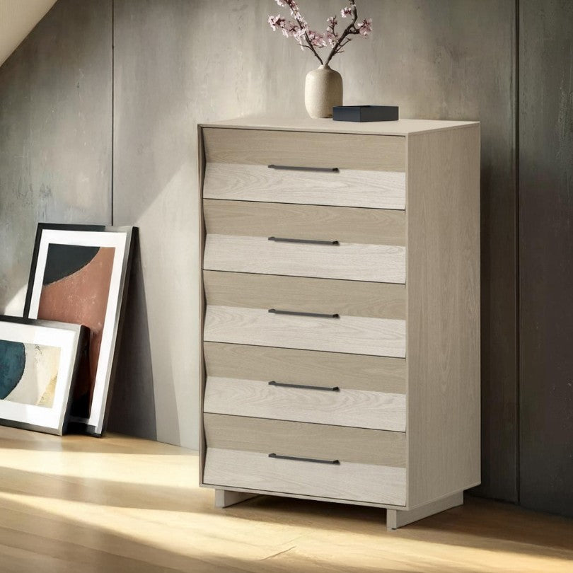 BDi KAVA 5-Drawer Chest in Washed Oak, in a bedroom under a sloped ceiling