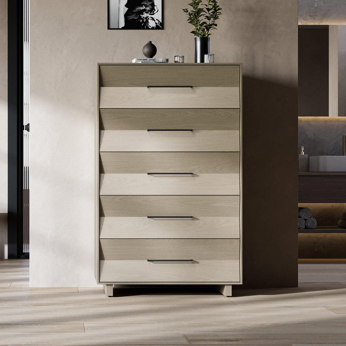BDi KAVA 5-Drawer Chest in Washed Oak, in a room setting