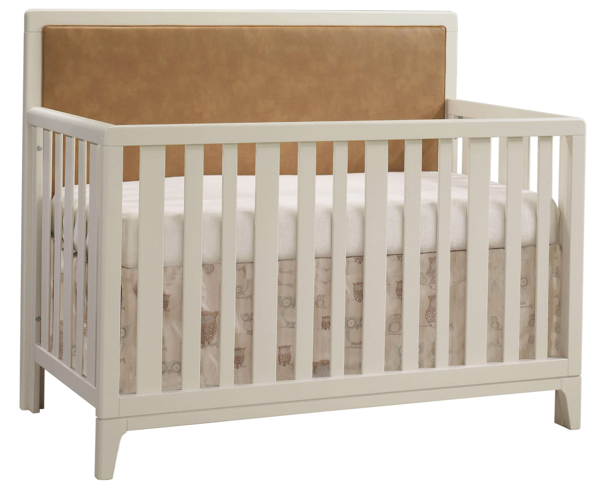 Linen Oak with Caramel Bonded Leather | Kyoto Convertible Crib w/Caramel Upholstered Headboard Panel | Valley Ridge Furniture