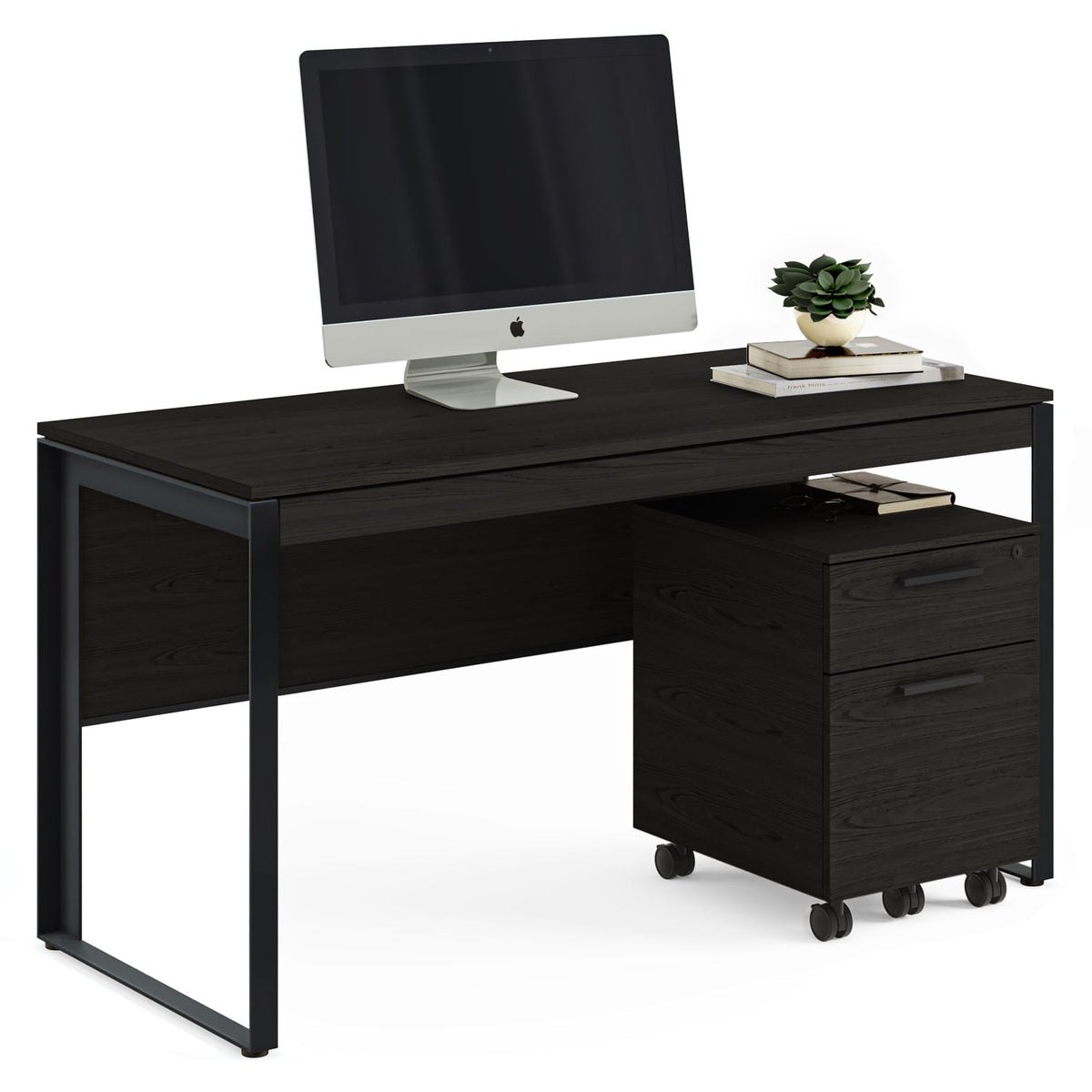 BDi Linea 6221 Desk in Charcoal Stained Ash, with a mobile file and monitor, on white
