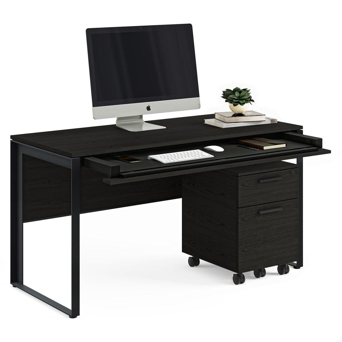 BDi Linea 6221 Desk in Charcoal Stained Ash, keyboard drawer open, with a mobile file and monitor, on white