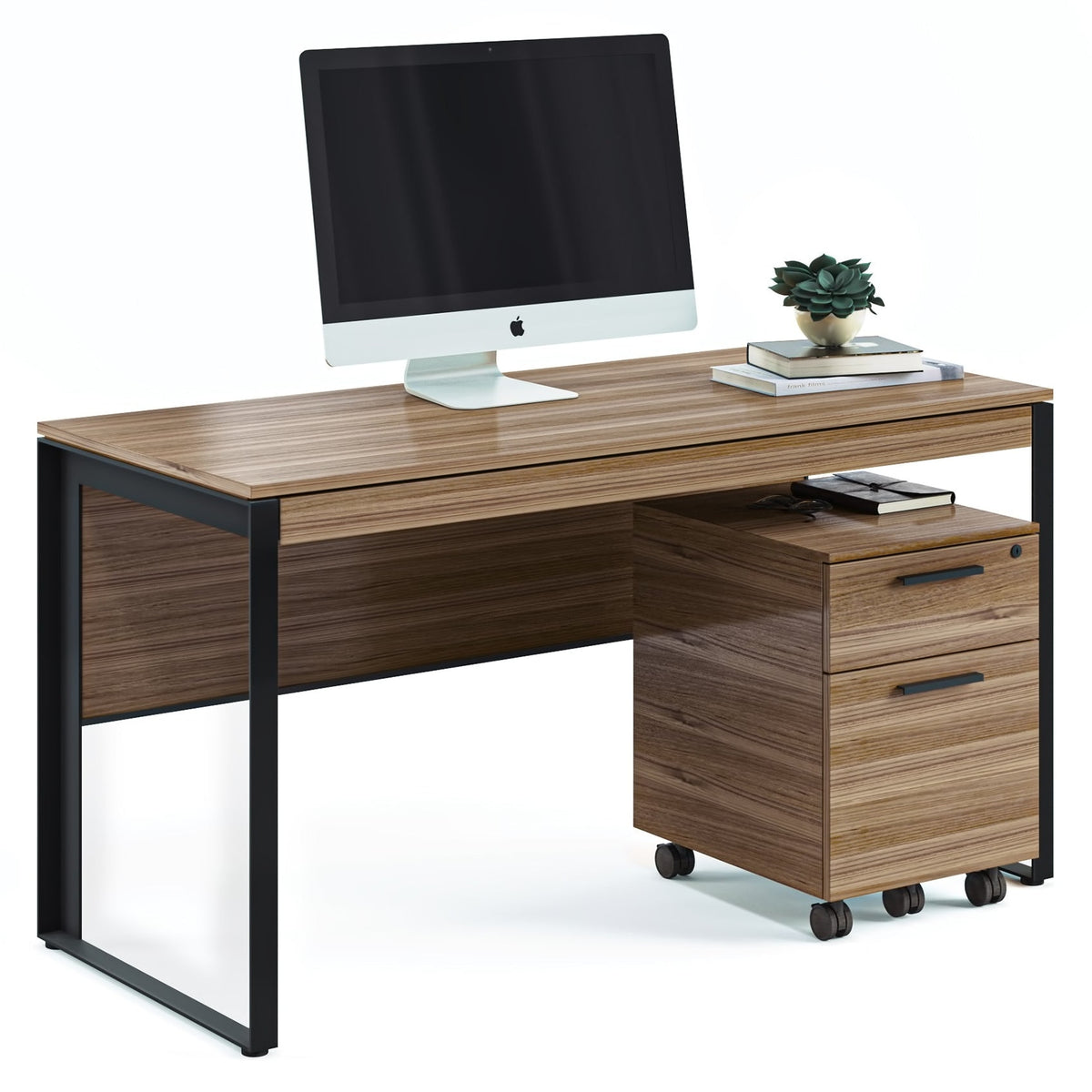 BDi Linea 6221 Desk in Natural Walnut, with a mobile file and monitor, on white
