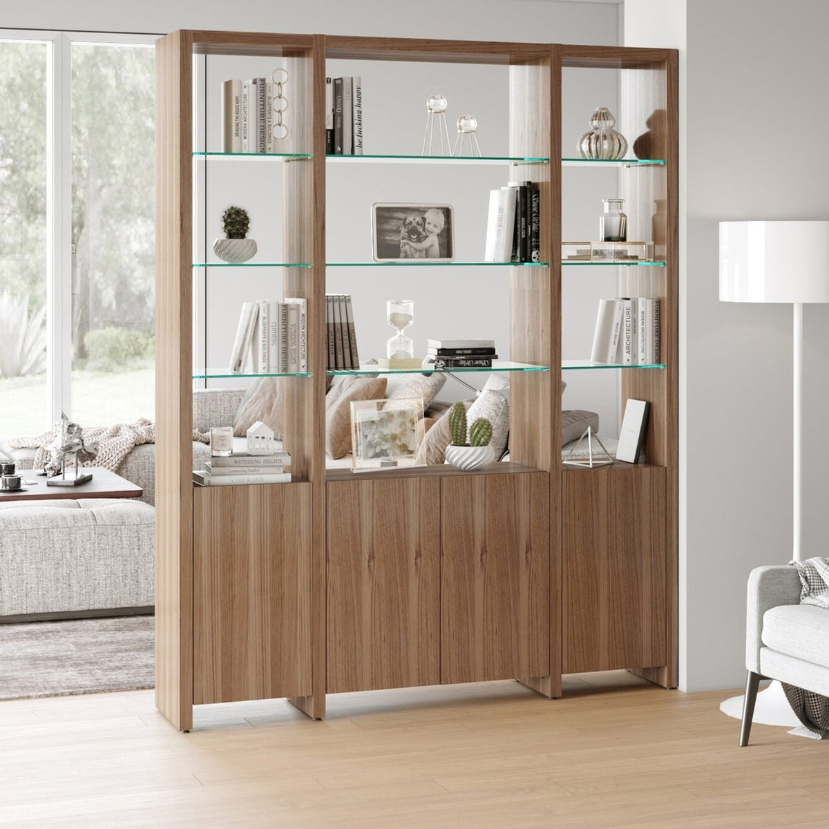 BDi Linea 3-Shelf System in Natural Walnut, in a room setting, 66" Wide size