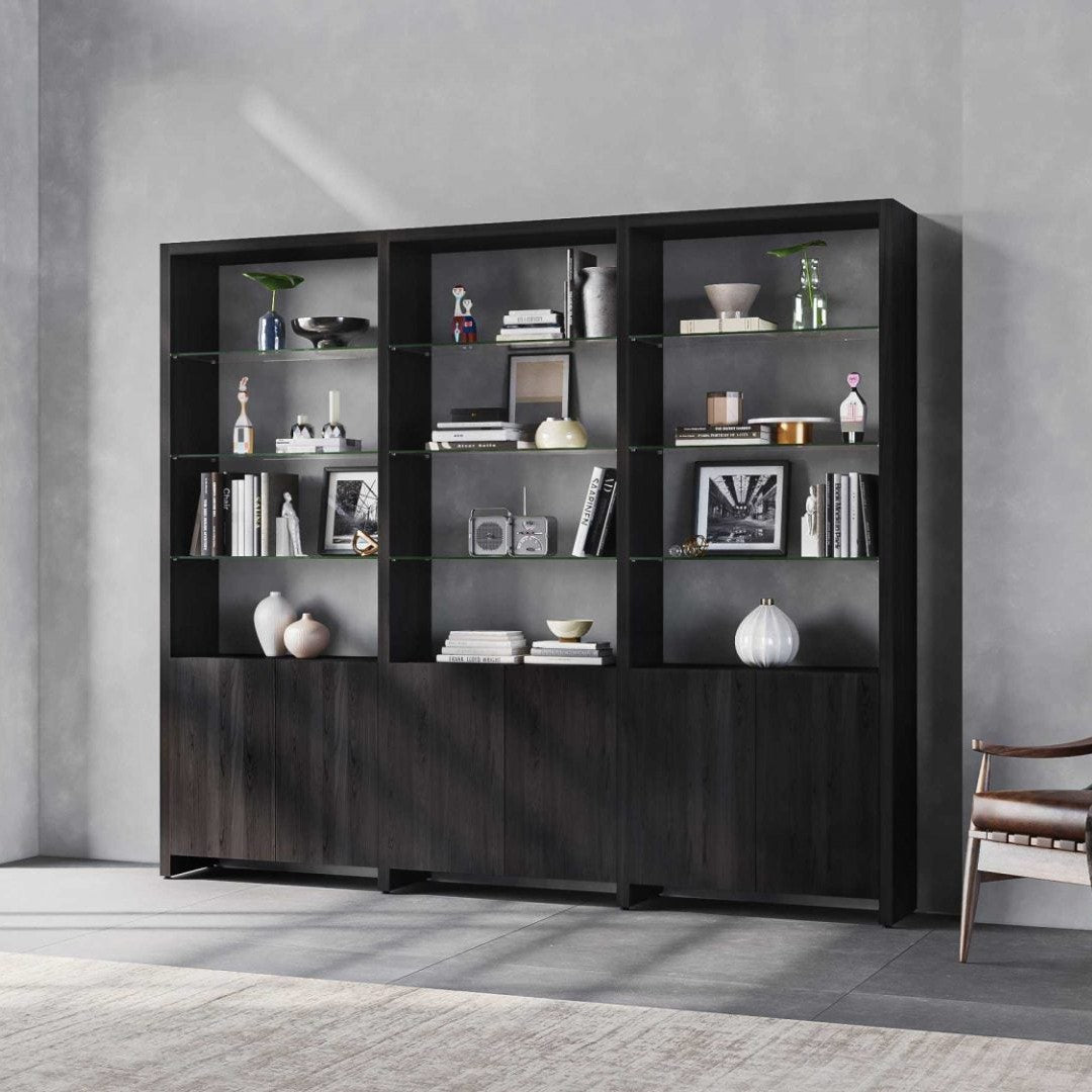 BDi Linea 3-Shelf System in Charcoal Stained Ash, in a room setting, 96" Wide size