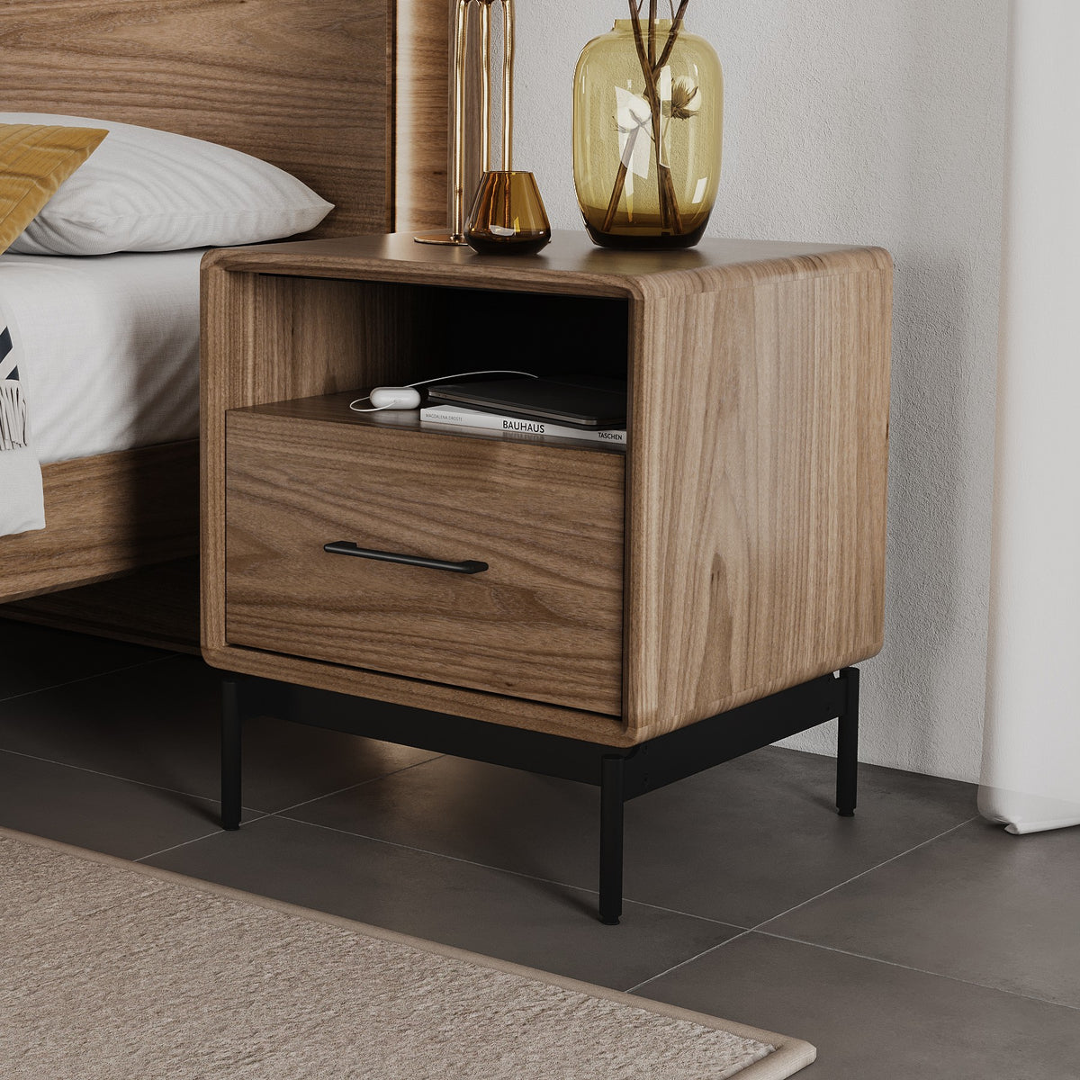 BDi Linq Nightstand in Natural Walnut, 22-inch, beside a bed