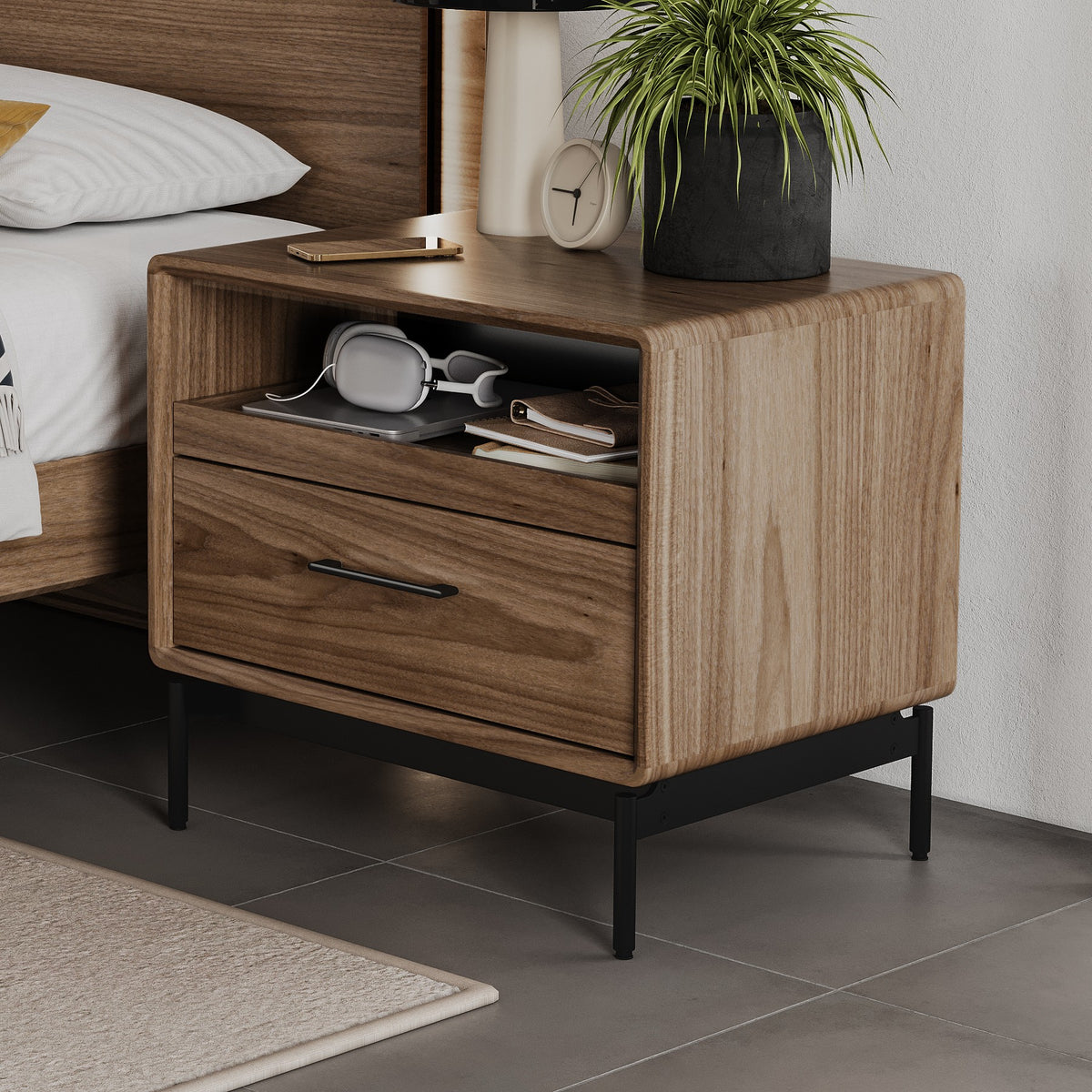 BDi Linq Nightstand in Natural Walnut, 28-inch, beside a bed