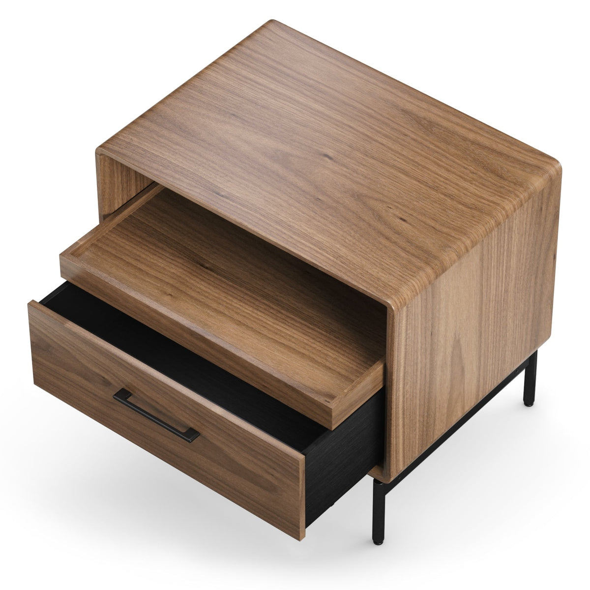 BDi Linq Nightstand in Natural Walnut, 28-inch, tray and drawer open, seen from above, on white