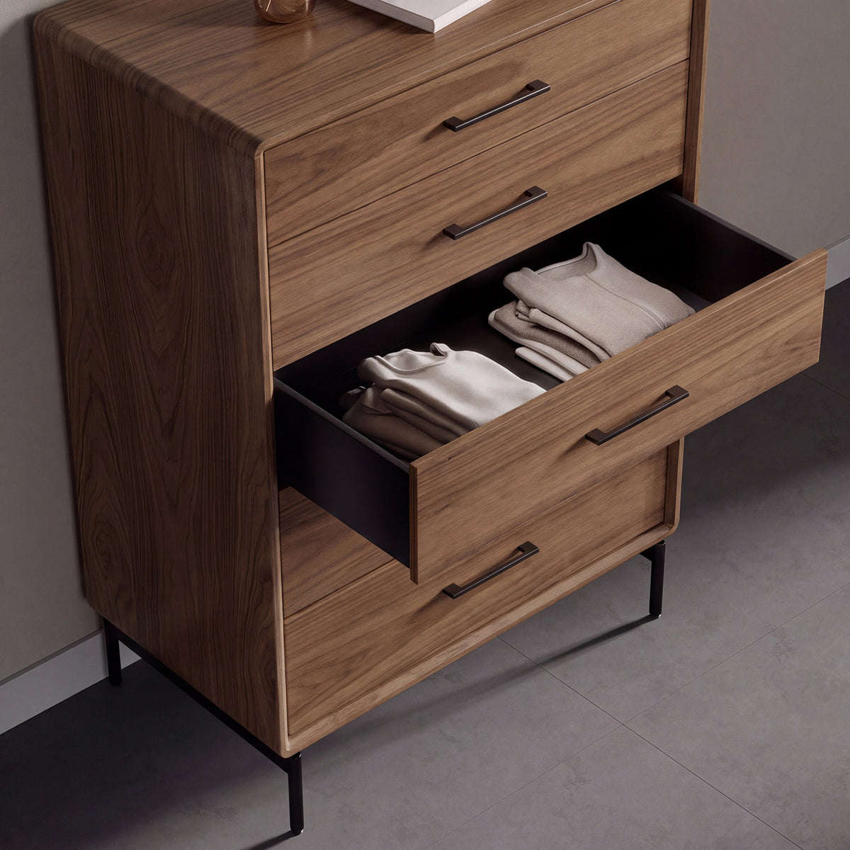 BDi Linq 9185 5 Drawer Chest in Natural Walnut, drawer open with folded clothes, close-up