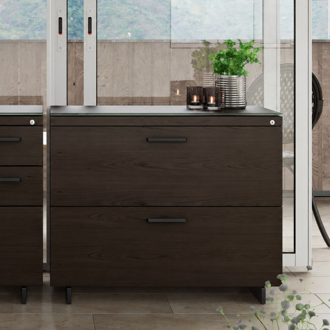 BDi Sequel 20 6116 Lateral File Cabinet in Charcoal Stained Ash, with a black base, beside a multi-function cabinet