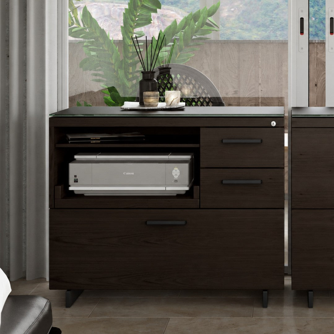 BDi Sequel 20 6117 Multi Function Cabinet in Charcoal Stained Ash, with a black base, beside a lateral file
