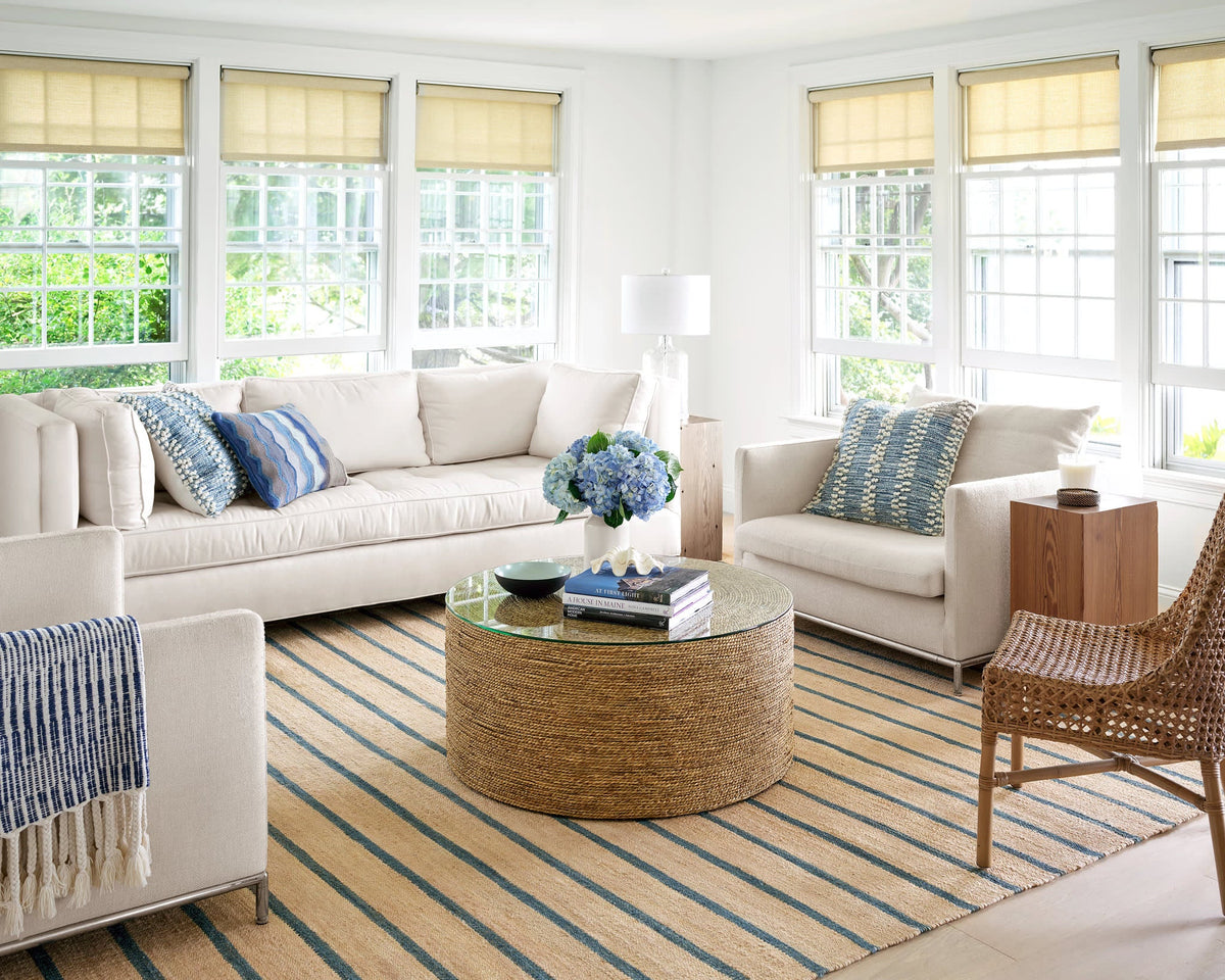 Dash & Albert Moana Stripe Handwoven Jute Rug in Blue, living room setting