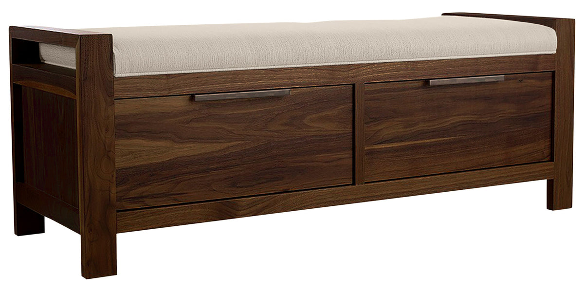 West Bros Phase Bench in 80 Walnut, with Dean 061 upholstery, on white