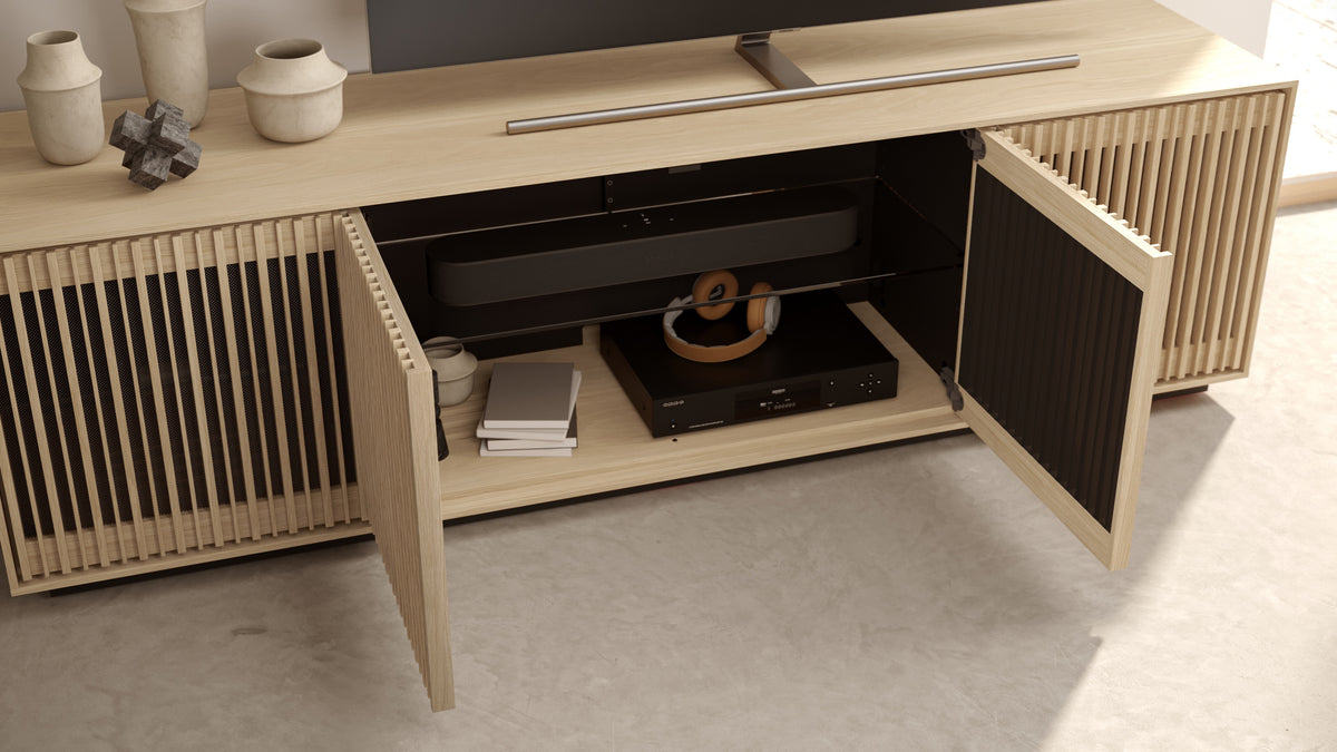 BDi Profile 8479 4-Door Media & Storage Console in Washed Oak, middle doors open with media equipment, close view