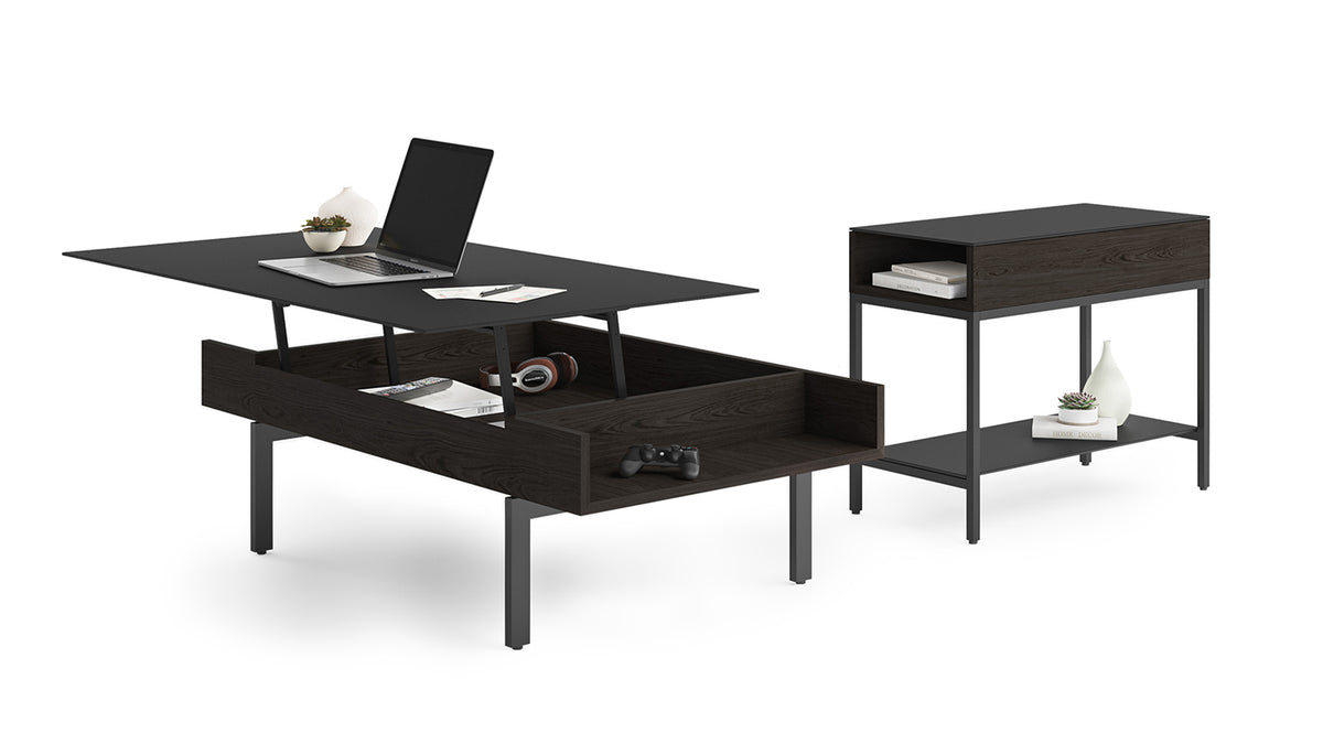 BDi Reveal 1196 End Table in Charcoal Stained Ash, with the matching lift-top coffee table, on white