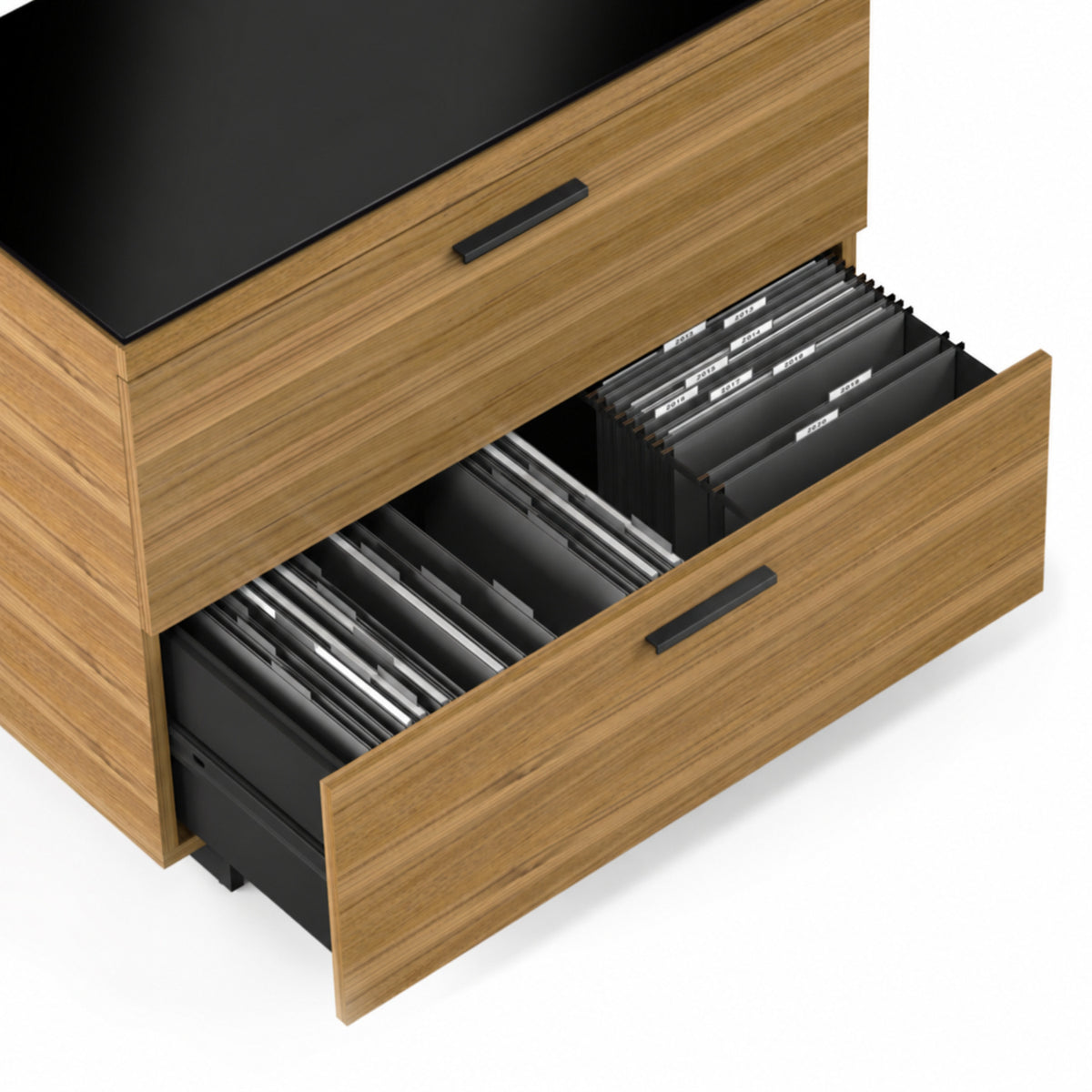 BDi Sequel 20 6116 Lateral File Cabinet in Natural Walnut, with a black base, file drawer open, close-up