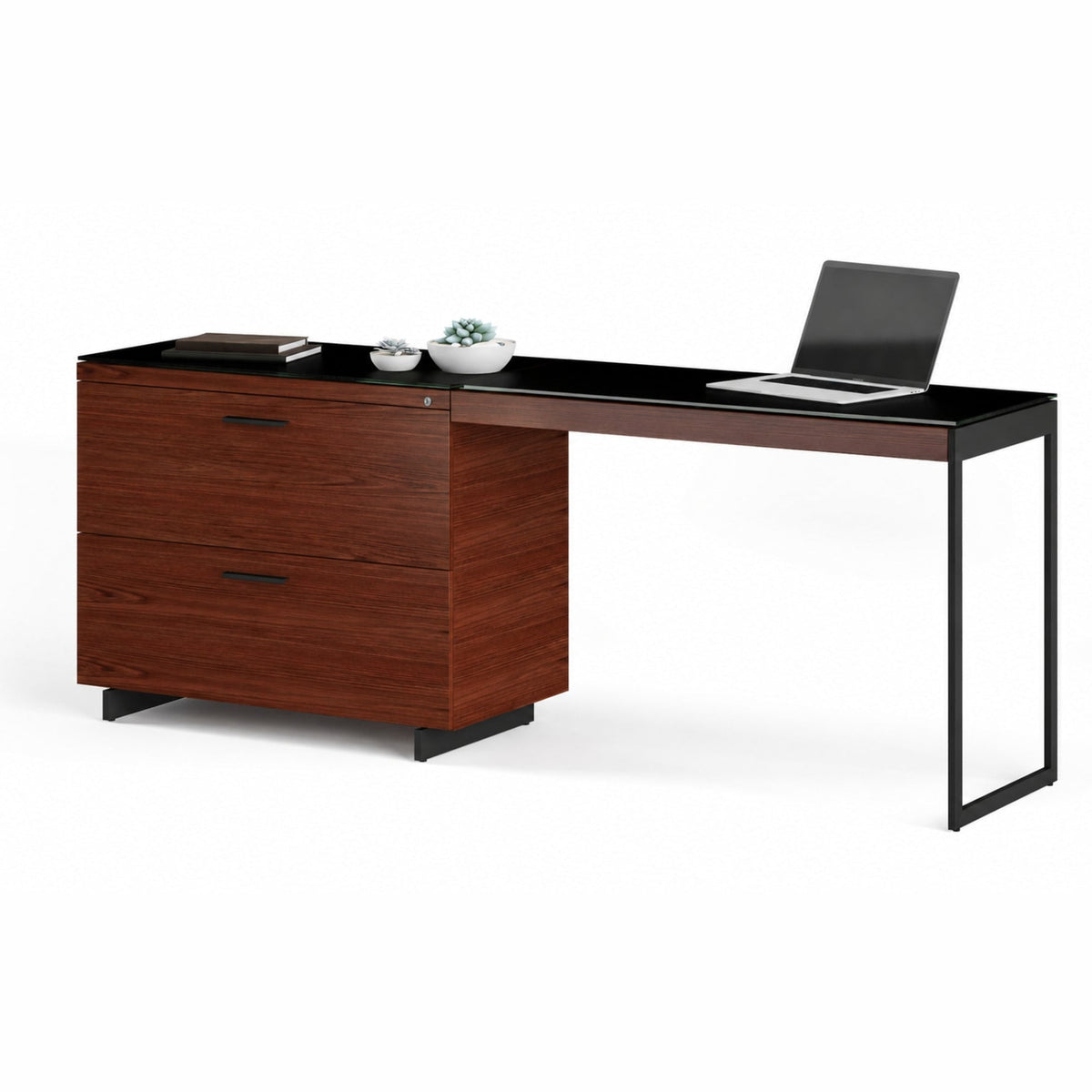 BDi Sequel 20 6116 Lateral File Cabinet in Chocolate Stained Walnut, with a black base, supporting a desk return, on white