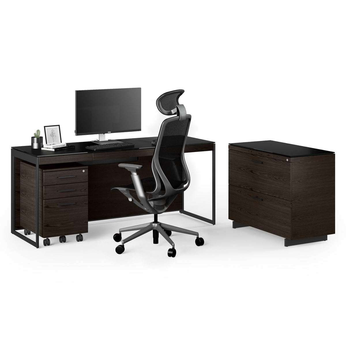 BDi Sequel 20 6101 Desk in Charcoal Stained Ash, with a black frame, mobile file and lateral file, on white