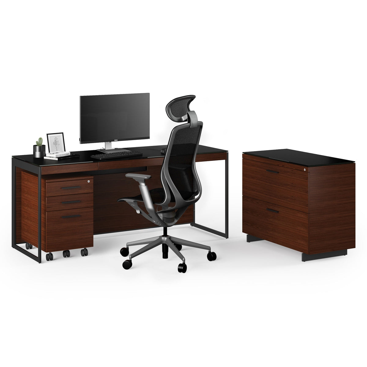 BDi Sequel 20 6116 Lateral File Cabinet in Chocolate Stained Walnut, with a black base, beside a desk and mobile file, on white