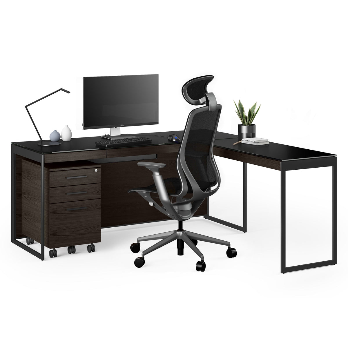 BDi Sequel 20 6101 Desk in Charcoal Stained Ash, with a black frame, return and mobile file, on white