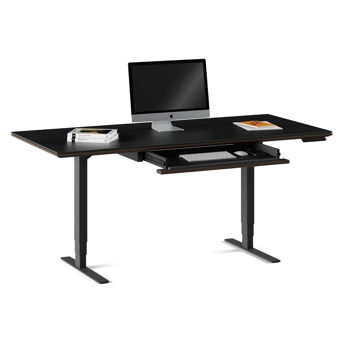 BDi Sequel 20 Sit + Stand Desk in Charcoal Stained Ash, keyboard drawer open, with a monitor, on white