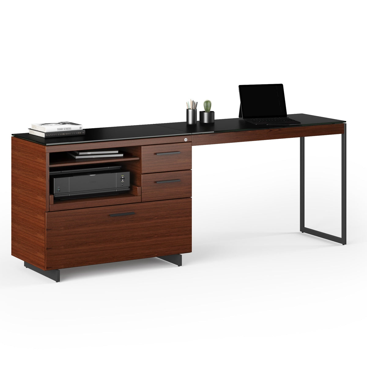 BDi Sequel 20 6117 Multi Function Cabinet in Chocolate Stained Walnut, with a black base, supporting a desk return, on white