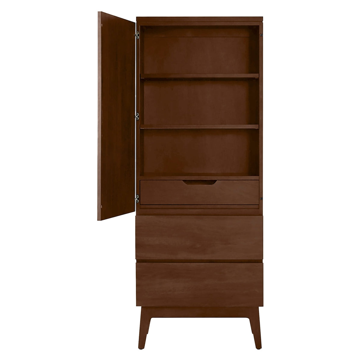 West Bros Serra Dressing Tower in 80 Walnut, with wood drawer fronts, door open
