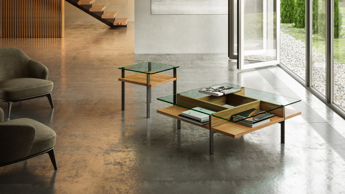 BDi Terrace 1156 End Table in Natural Walnut, with the matching square coffee table in a living room