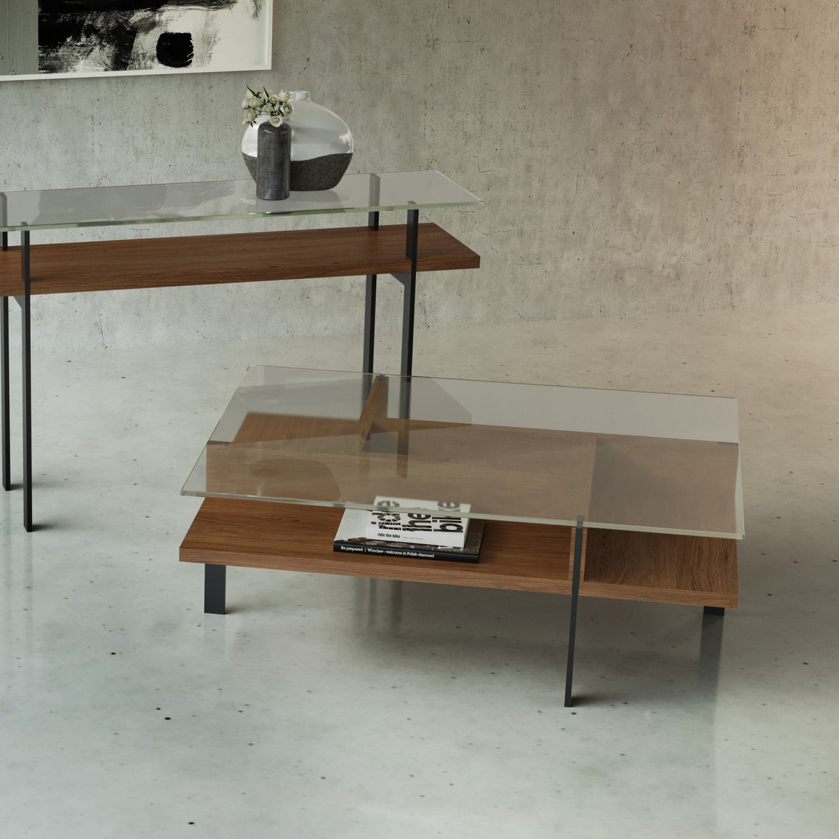 BDi Terrace Coffee Table in Natural Walnut, rectangular, with the matching slim console in a room