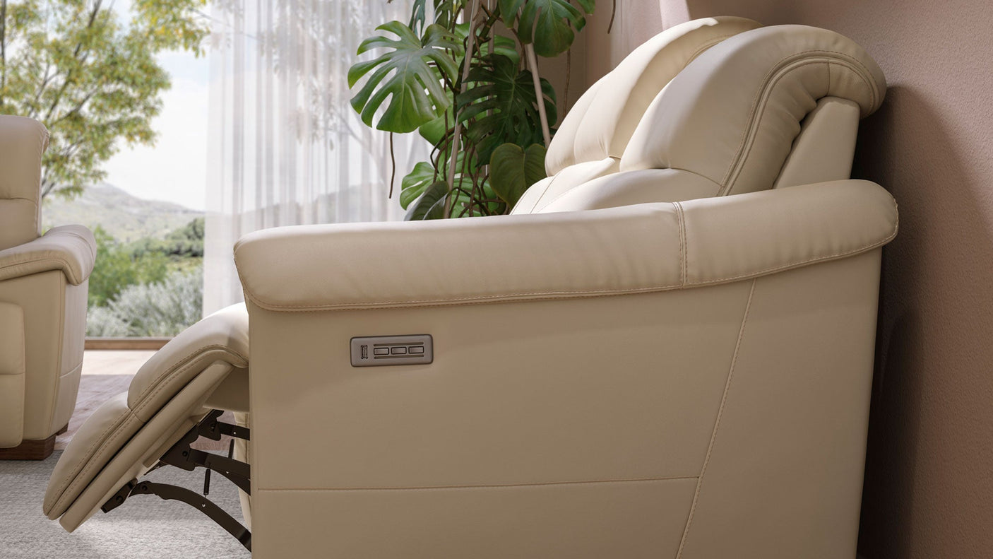 Le Mans Leather Beige with Wenge Wood | Natuzzi Potenza Power Reclining Sofa | Valley Ridge Furniture