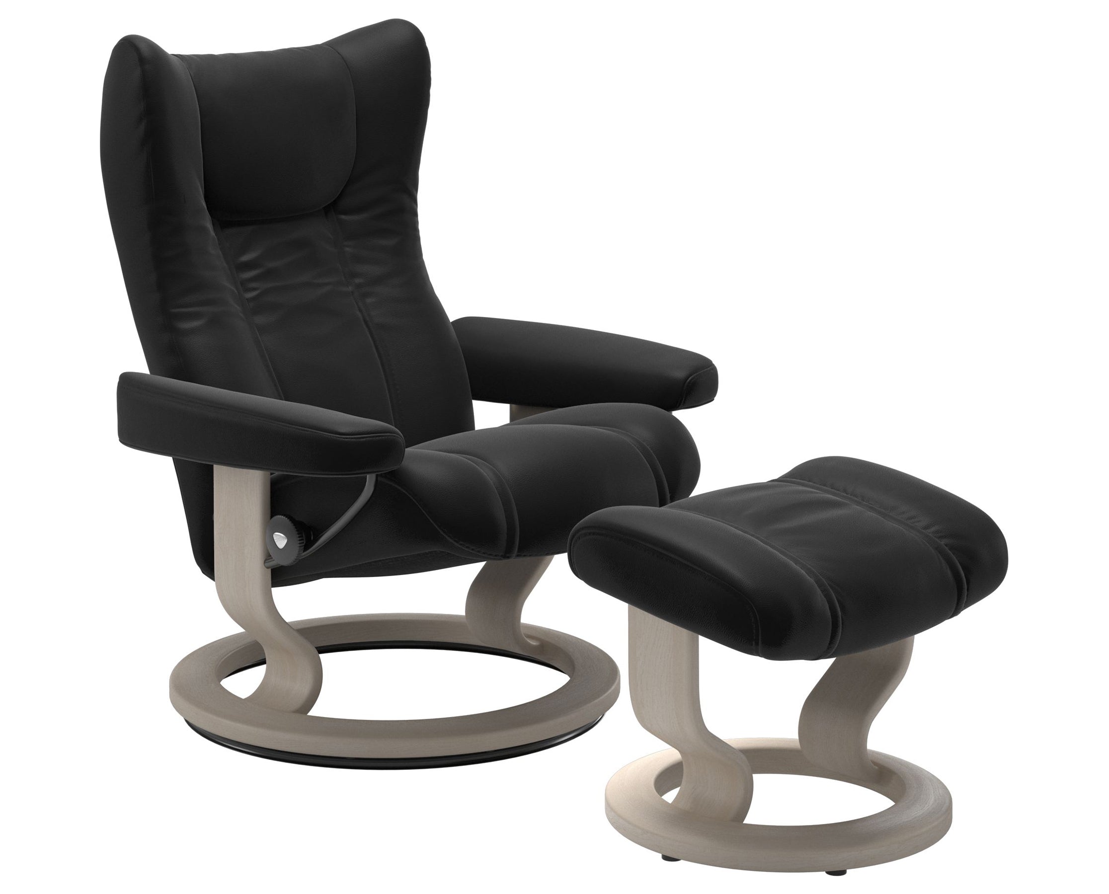 Paloma Leather Black S/M/L and Whitewash Base | Stressless Wing Classic Recliner | Valley Ridge Furniture