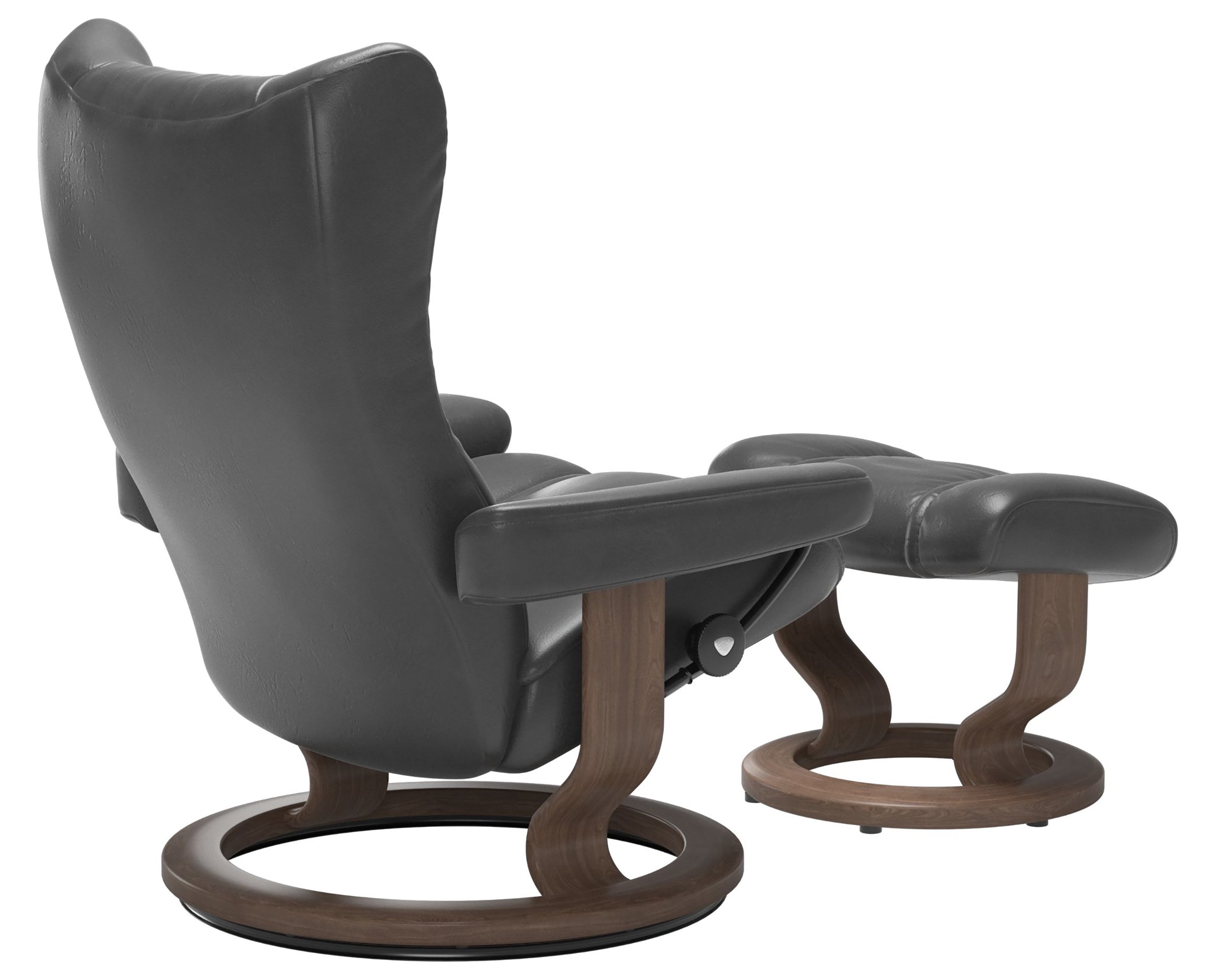 Pioneer Leather Grey M &amp; Walnut Base | Stressless Wing Classic Recliner | Valley Ridge Furniture