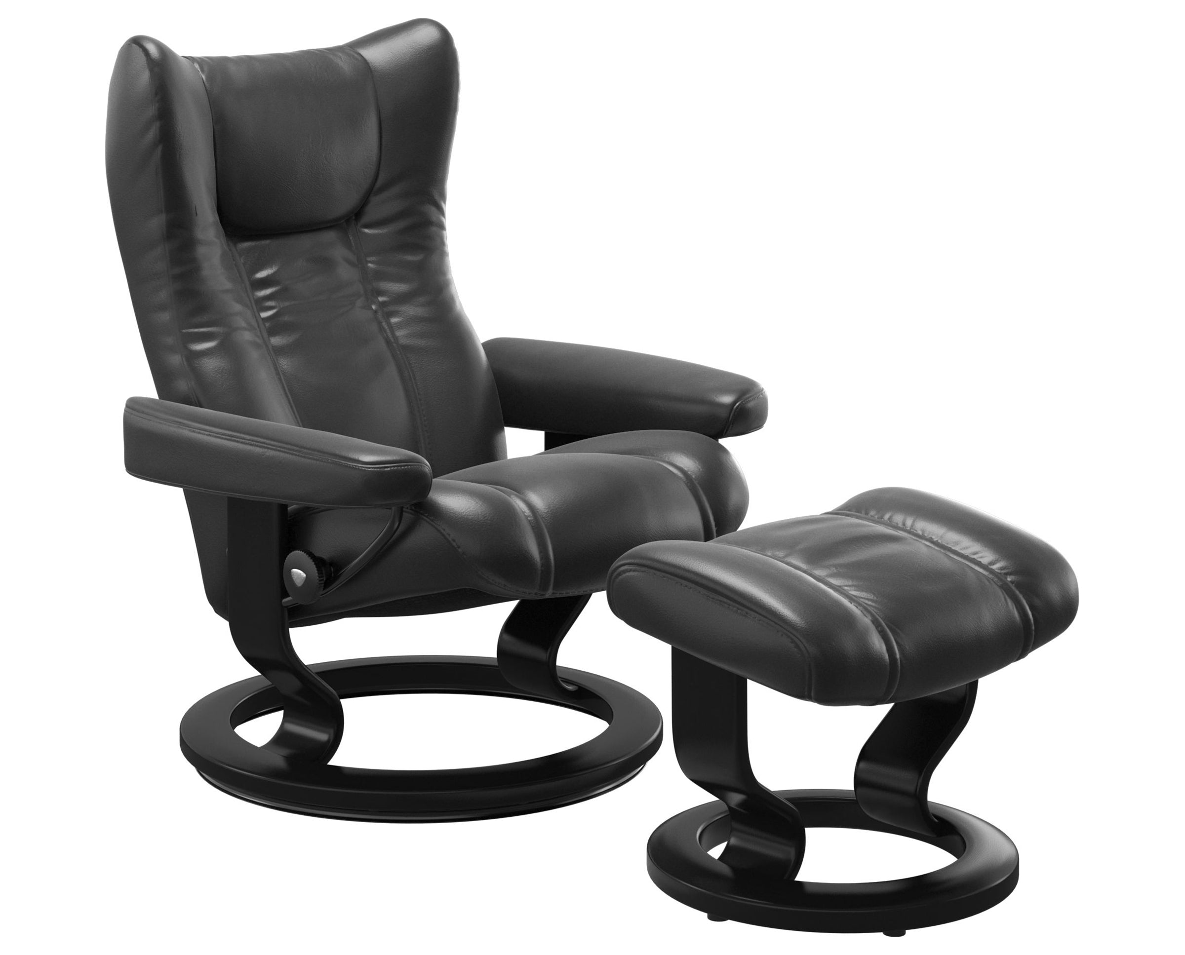 Pioneer Leather Black S/M &amp; Black Base | Stressless Wing Classic Recliner | Valley Ridge Furniture