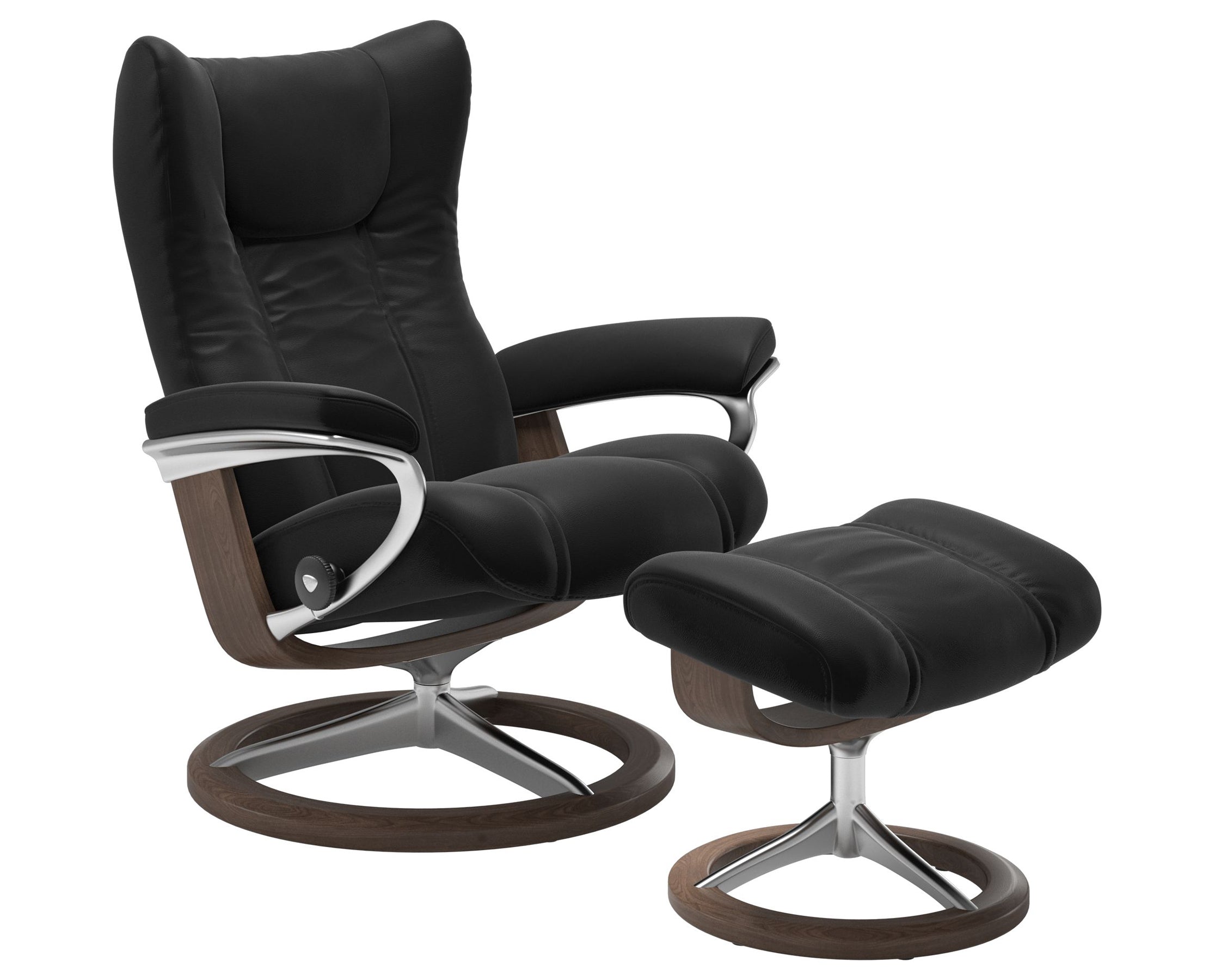 Paloma Leather Black S/M/L and Walnut Base | Stressless Wing Signature Recliner | Valley Ridge Furniture