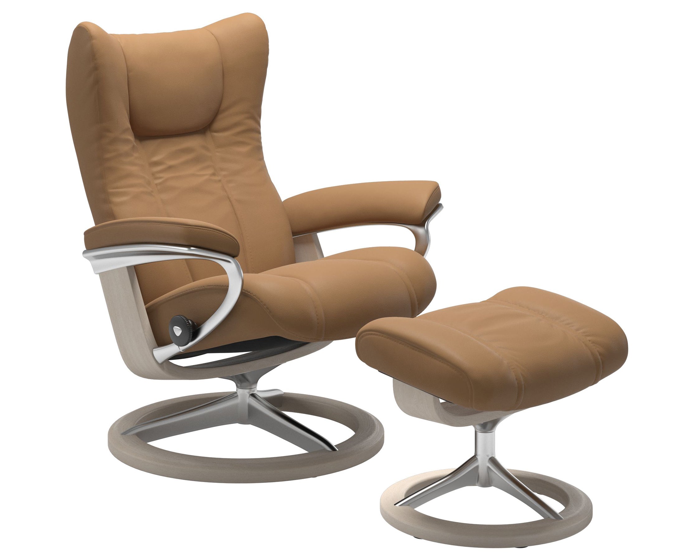 Paloma Leather Taupe S/M/L and Whitewash Base | Stressless Wing Signature Recliner | Valley Ridge Furniture