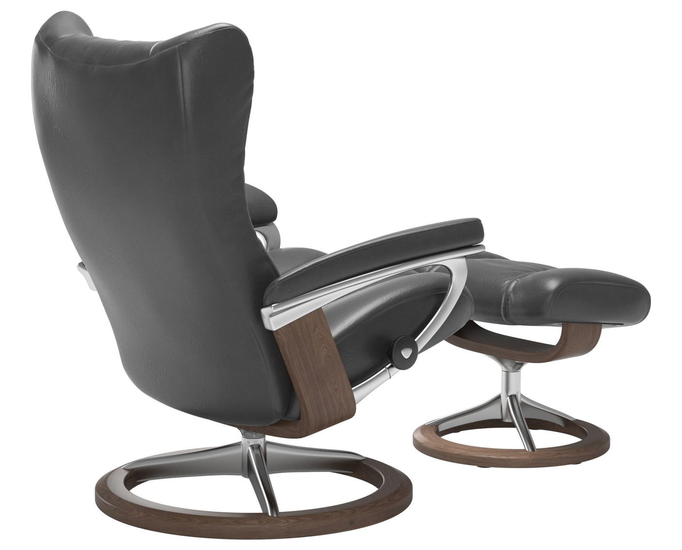 Pioneer Leather Grey S/M & Walnut Base | Stressless Wing Signature Recliner | Valley Ridge Furniture
