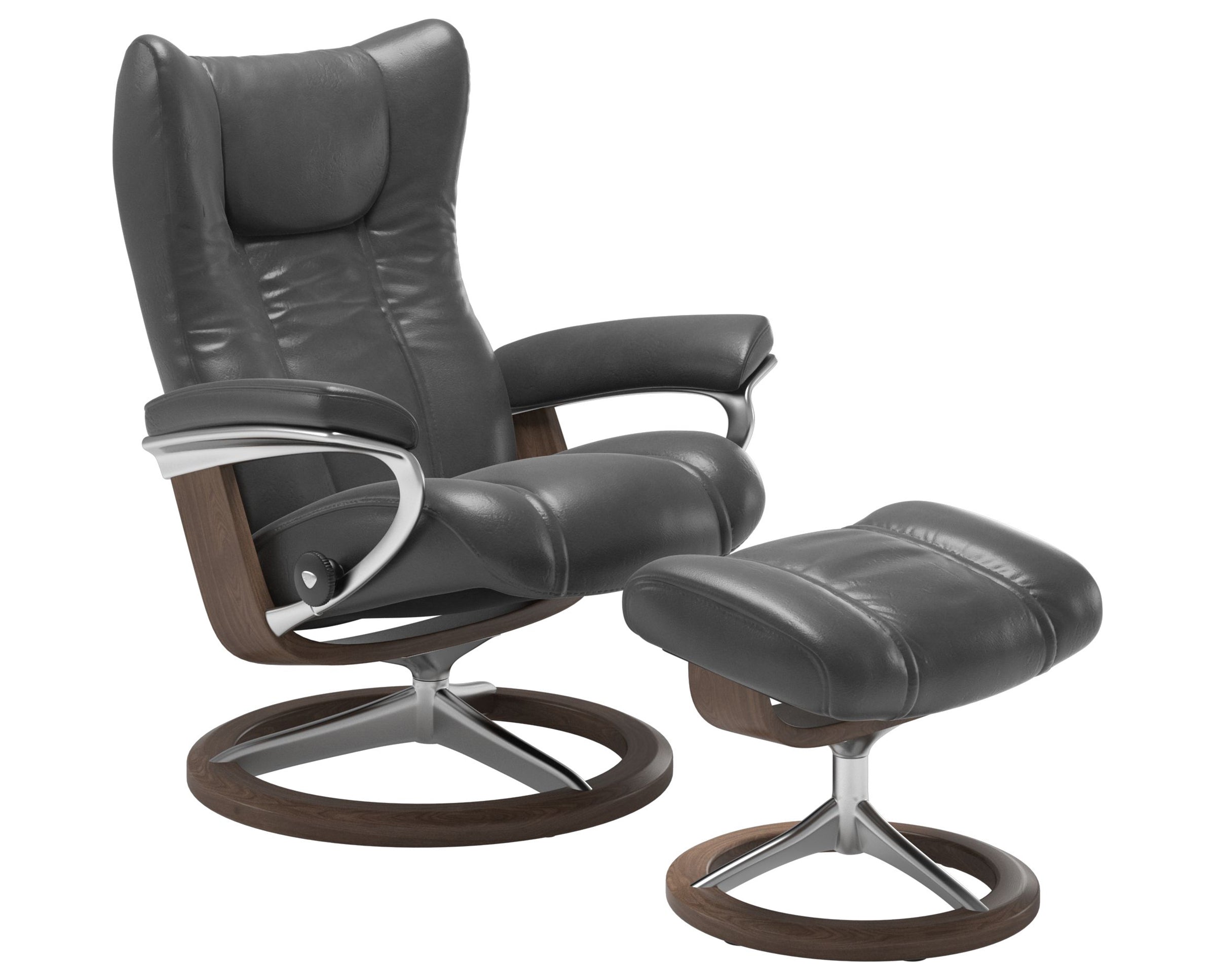 Pioneer Leather Grey S/M & Walnut Base | Stressless Wing Signature Recliner | Valley Ridge Furniture