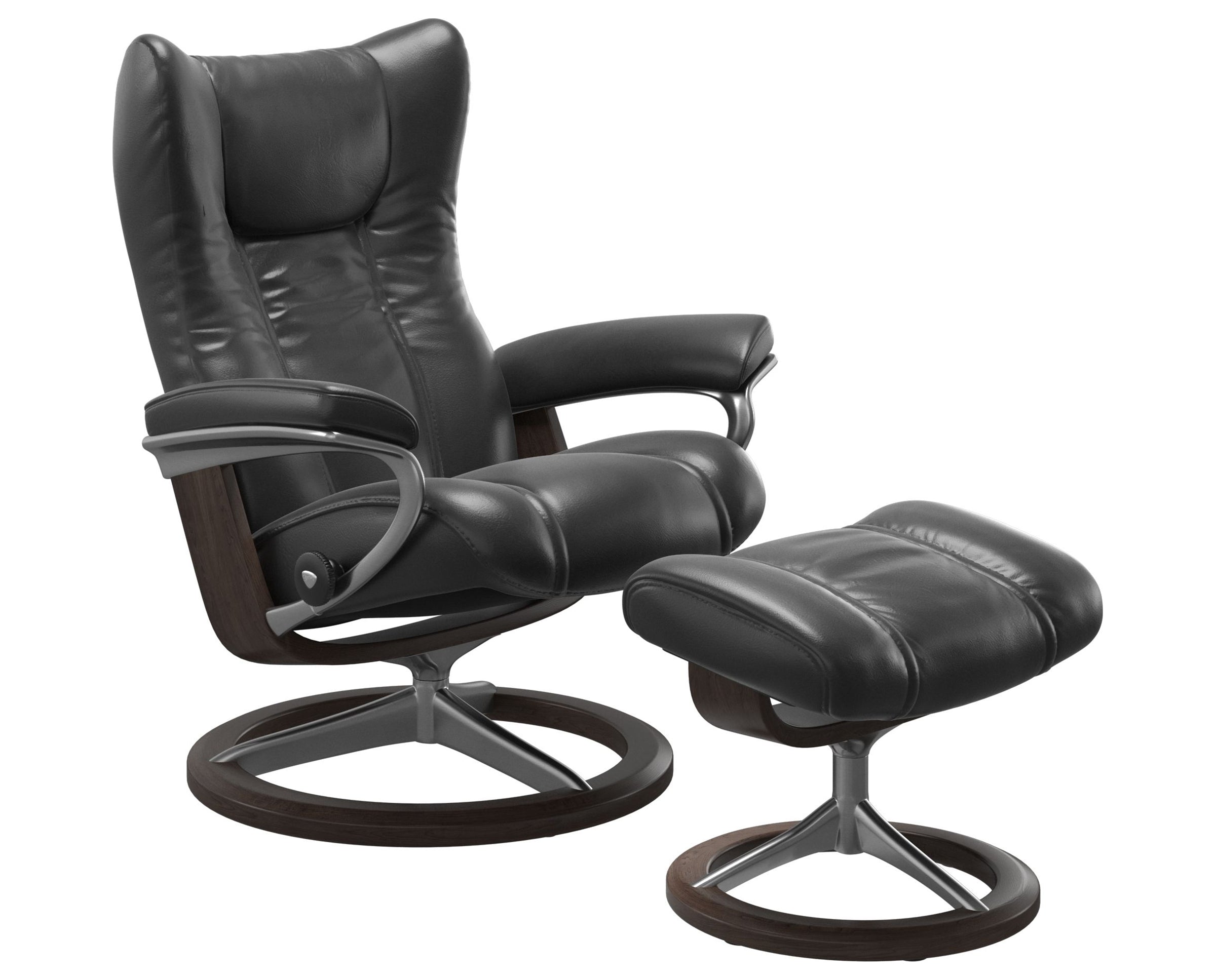 Pioneer Leather Black S & Wenge Base | Stressless Wing Signature Recliner | Valley Ridge Furniture