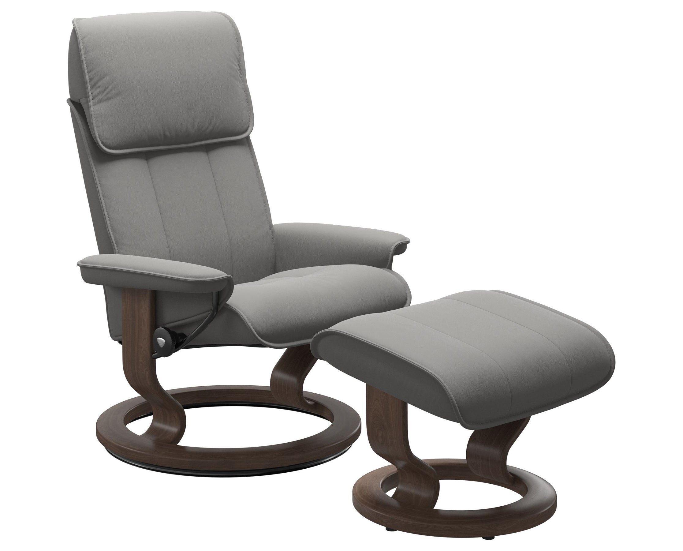 Paloma Leather Silver Grey M/L and Walnut Base | Stressless Admiral Classic Recliner | Valley Ridge Furniture