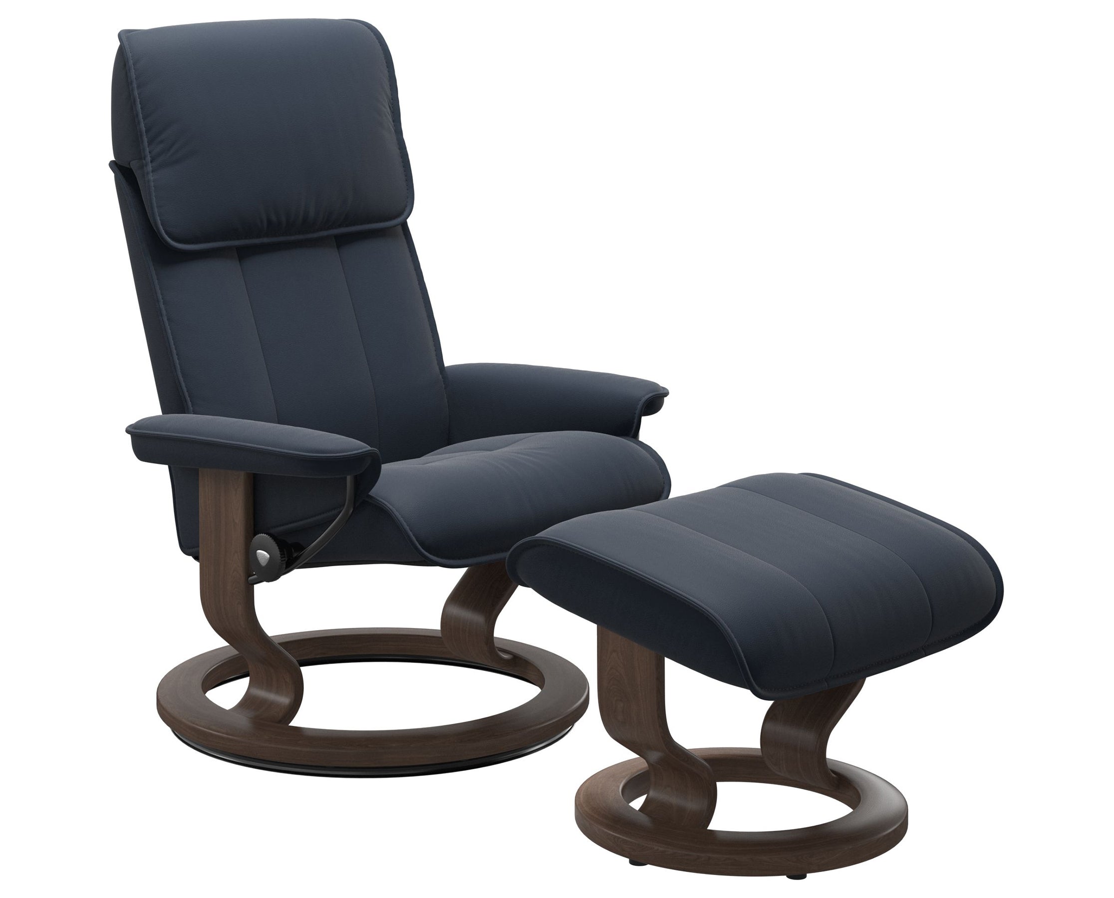 Paloma Leather Oxford Blue M/L and Walnut Base | Stressless Admiral Classic Recliner | Valley Ridge Furniture