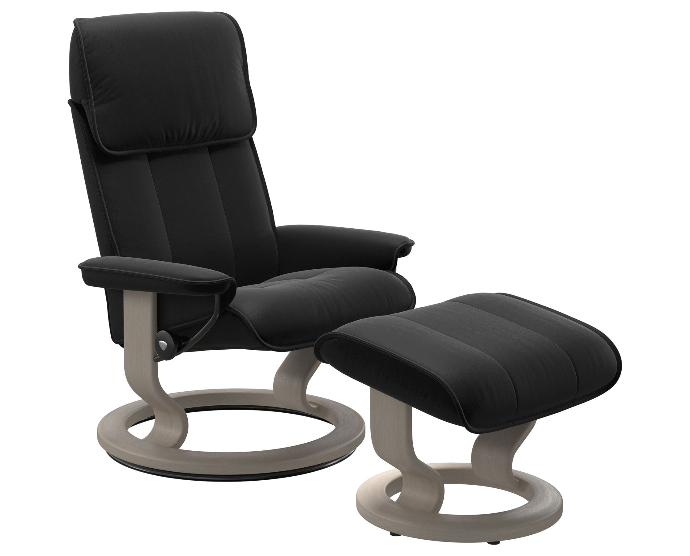 Paloma Leather Black M/L and Whitewash Base | Stressless Admiral Classic Recliner | Valley Ridge Furniture