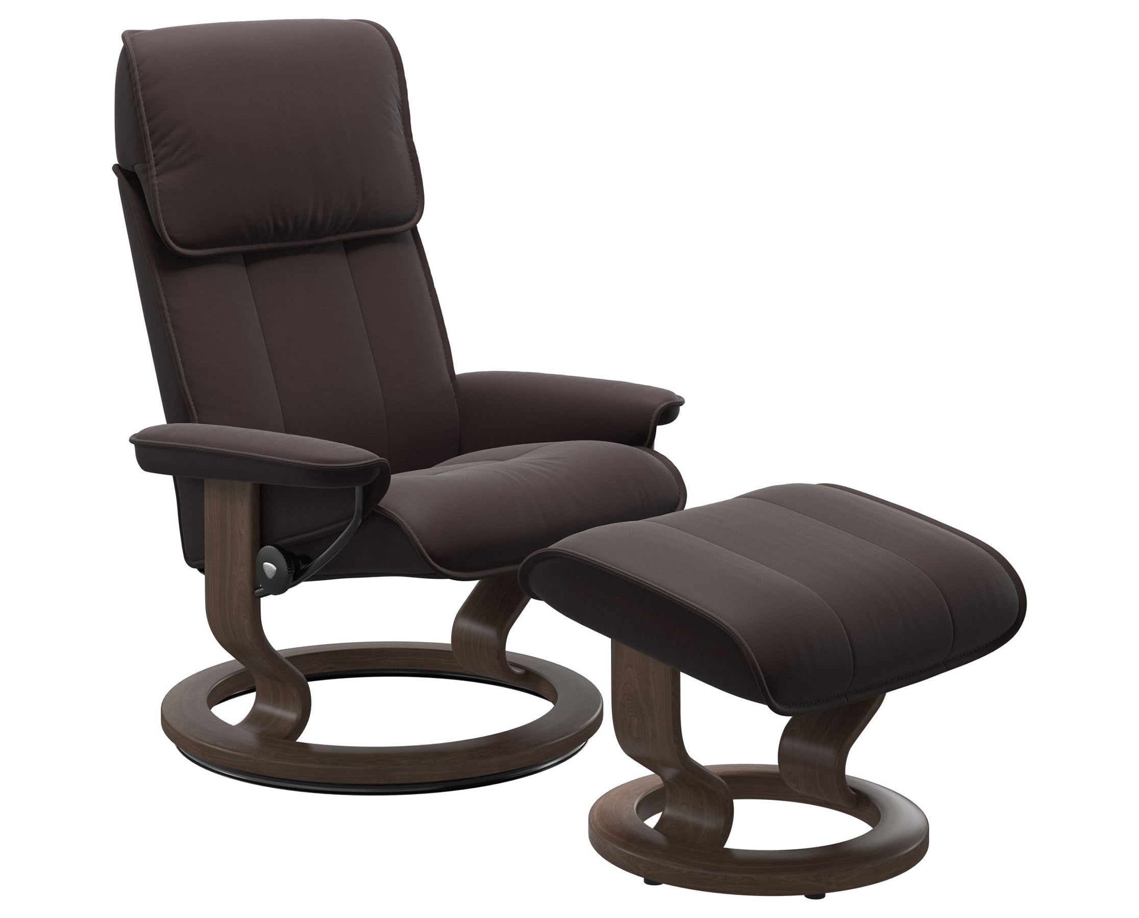 Paloma Leather Chocolate M/L and Walnut Base | Stressless Admiral Classic Recliner | Valley Ridge Furniture