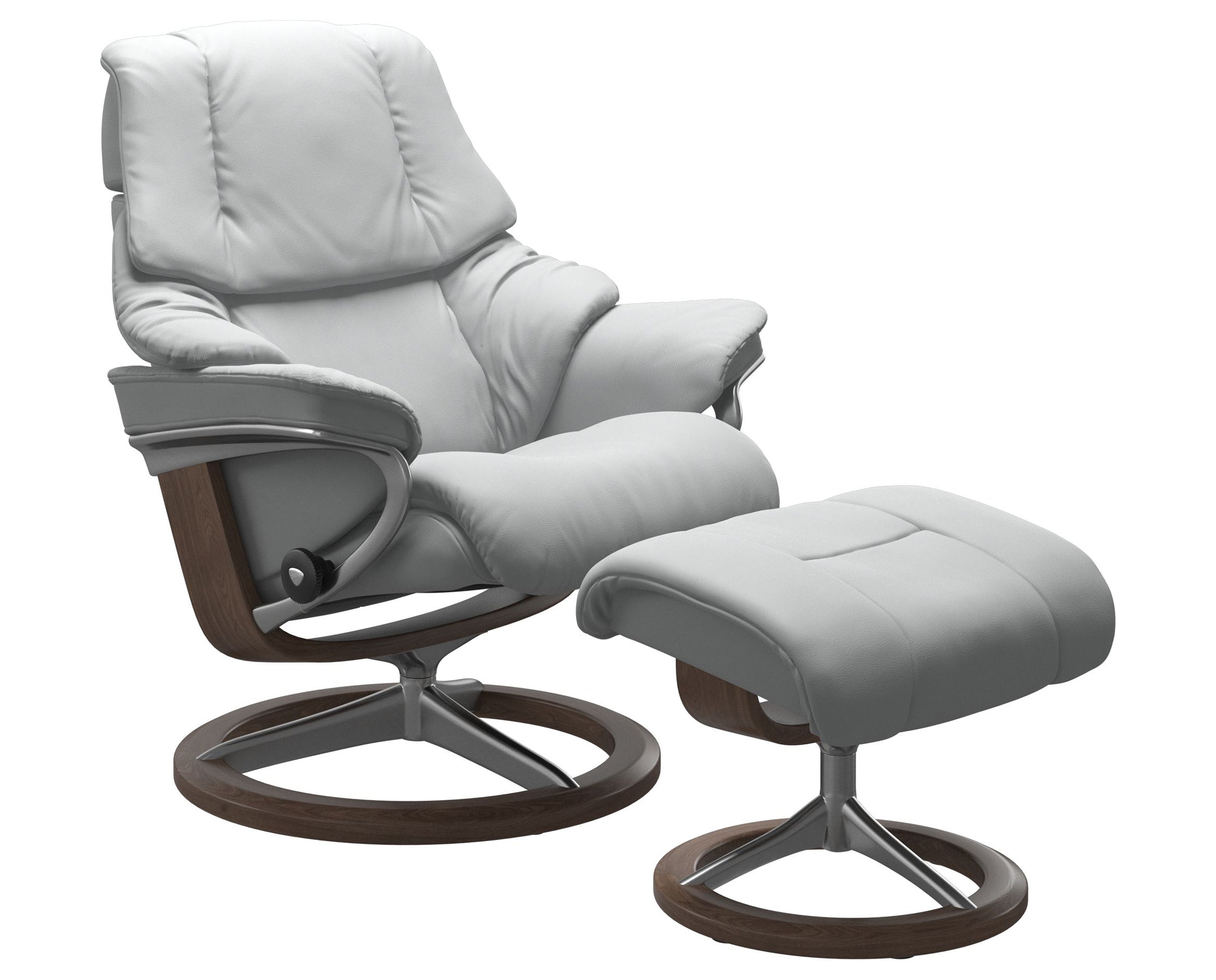 Paloma Leather Misty Grey S/M/L and Walnut Base | Stressless Reno Signature Recliner | Valley Ridge Furniture
