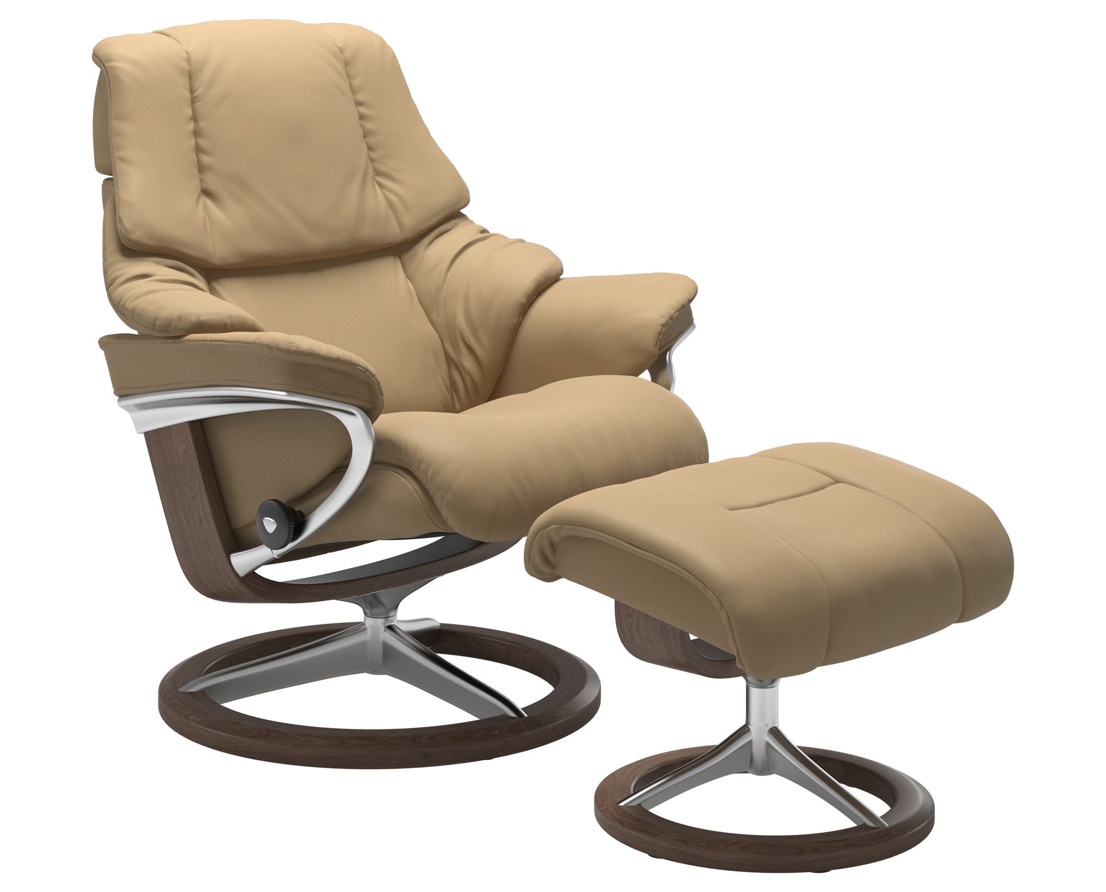 Paloma Leather Sand S/M/L and Walnut Base | Stressless Reno Signature Recliner | Valley Ridge Furniture