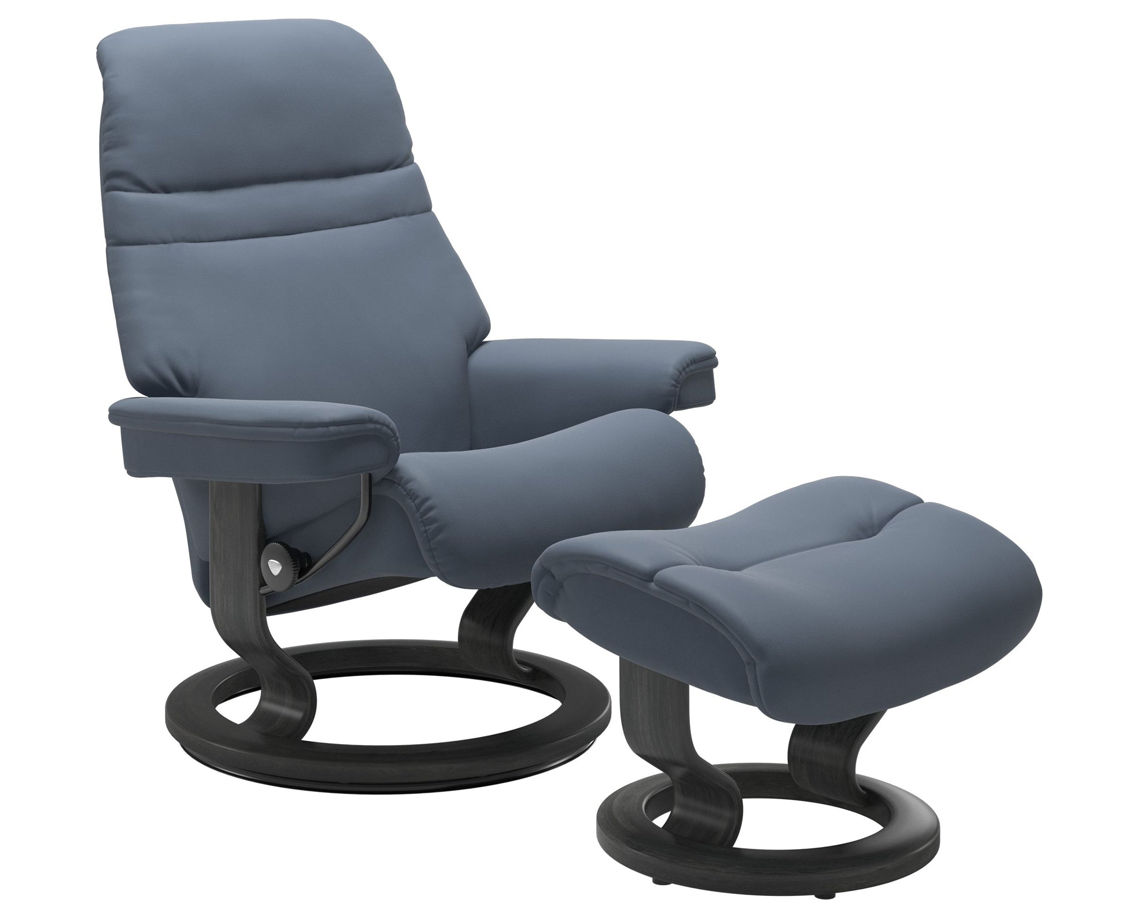 Paloma Leather Sparrow Blue S/M/L and Grey Base | Stressless Sunrise Classic Recliner | Valley Ridge Furniture